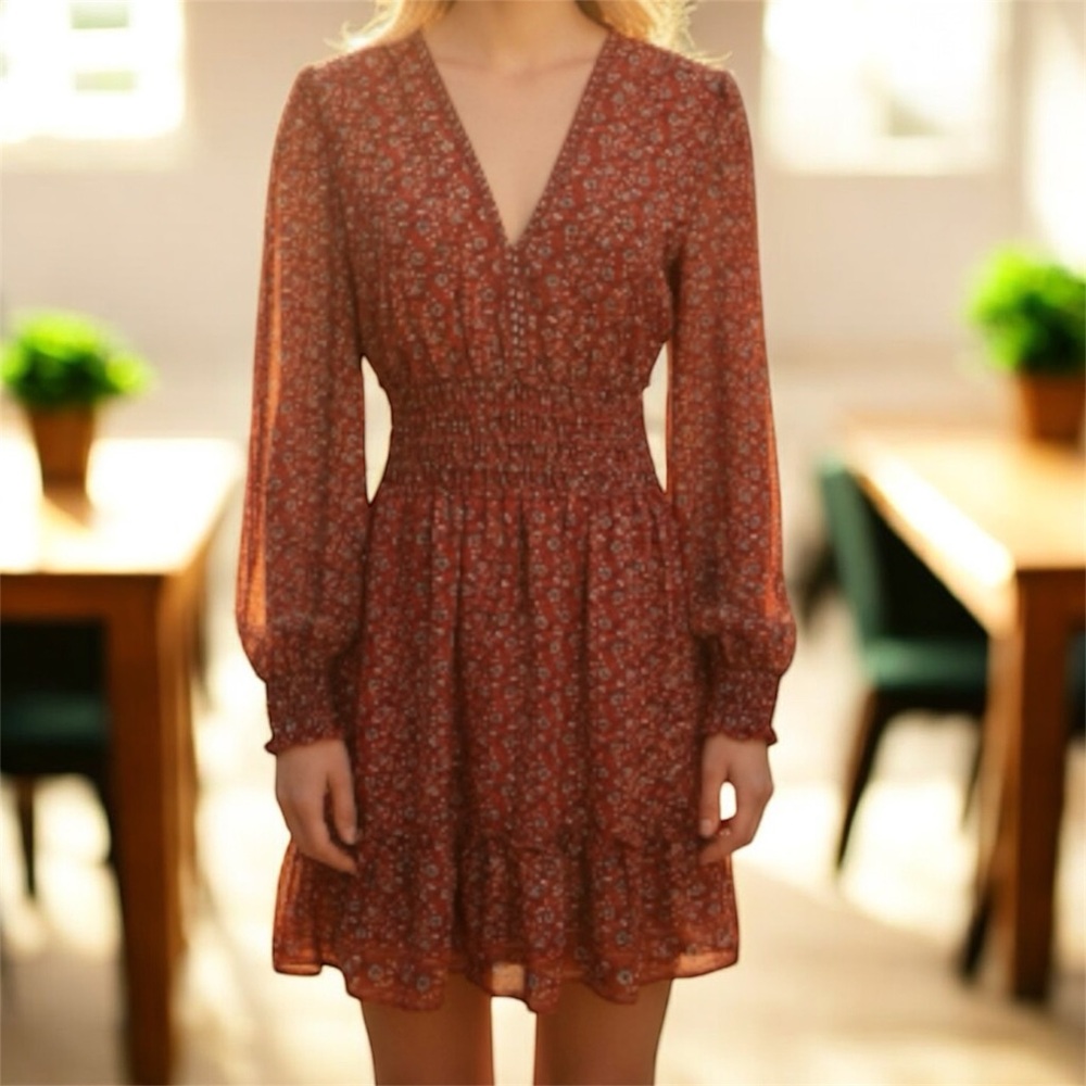 Max Studio Rust Floral Long Sleeve Mini Dress
